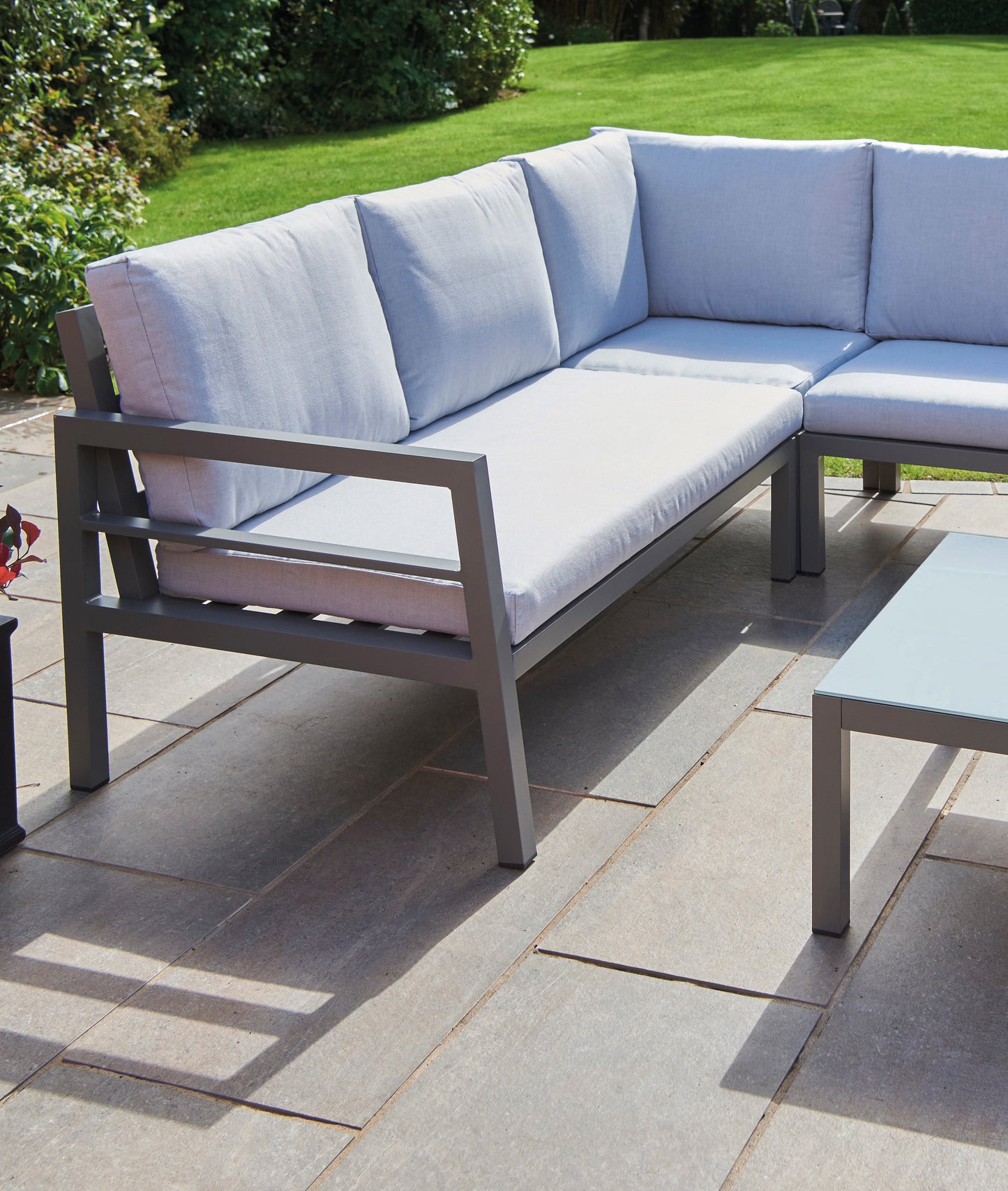 Oakley Grey Aluminium Outdoor Corner Sofa Set with Cushions & Glass-Top Coffee Table