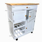Compact Kitchen Trolley with Wine Rack & Storage – White MDF & Rubber Wood Top