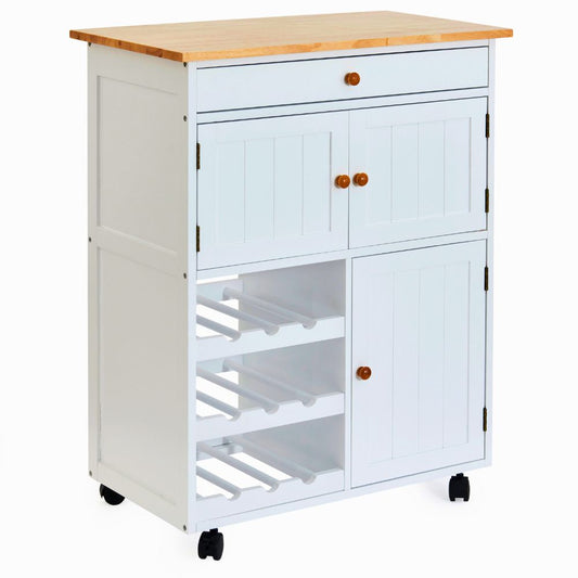 Compact Kitchen Trolley with Wine Rack & Storage – White MDF & Rubber Wood Top