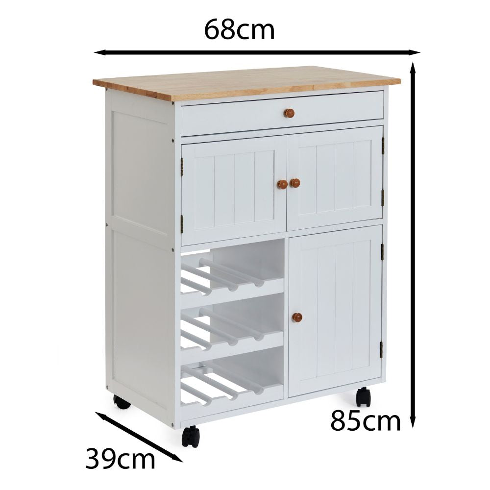 Compact Kitchen Trolley with Wine Rack & Storage – White MDF & Rubber Wood Top