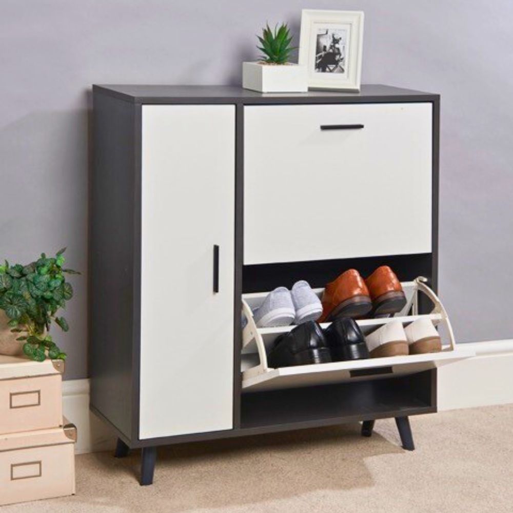 Modern Grey & White Shoe Storage Cabinet with Cupboard – Holds 10+ Pairs