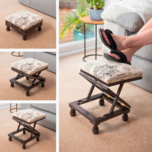 Adjustable 3-Position Wooden Footstool – Padded Fabric Top in White or Mahogany Finish