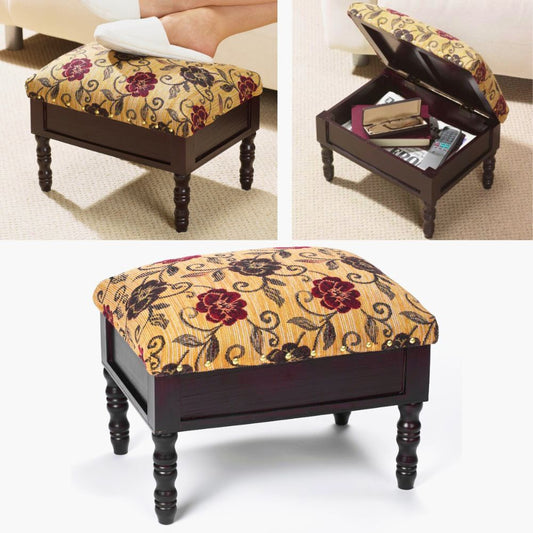 Floral Upholstered Storage Footstool – Compact Wooden Ottoman with Hidden Compartment