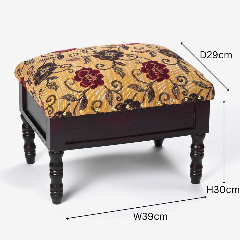 Floral Upholstered Storage Footstool – Compact Wooden Ottoman with Hidden Compartment