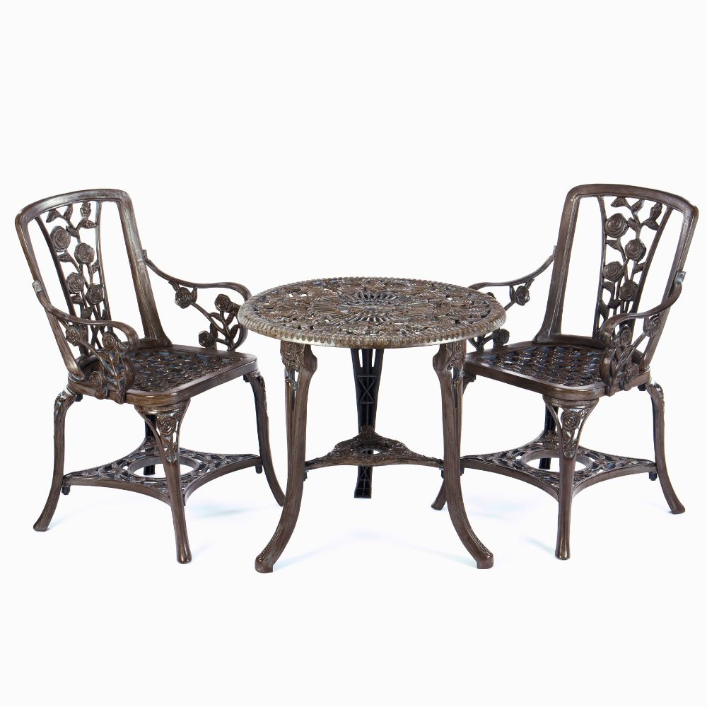 Greenhurst 3-Piece Rose Bistro Patio Set with Armchairs in Antique Bronze or Gunmetal Grey