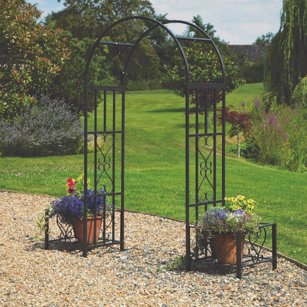 Huntingdon Ornamental Garden Arch with Planters – Decorative Steel Frame in Gunmetal Grey