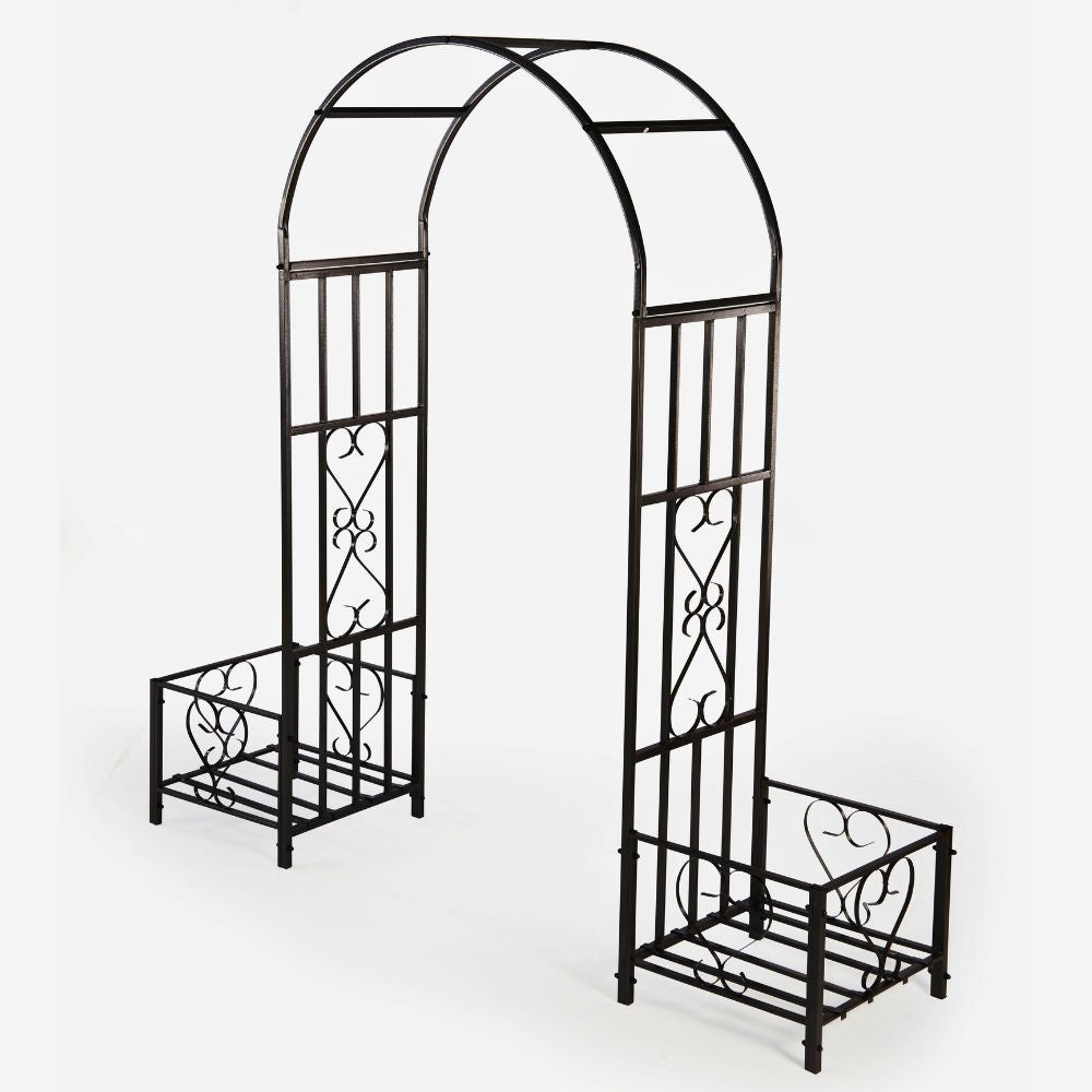 Huntingdon Ornamental Garden Arch with Planters – Decorative Steel Frame in Gunmetal Grey