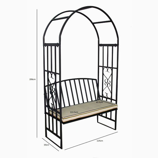 Huntingdon Garden Arch with Bench and Cushion – Steel Frame Seating in Gun Metal Grey