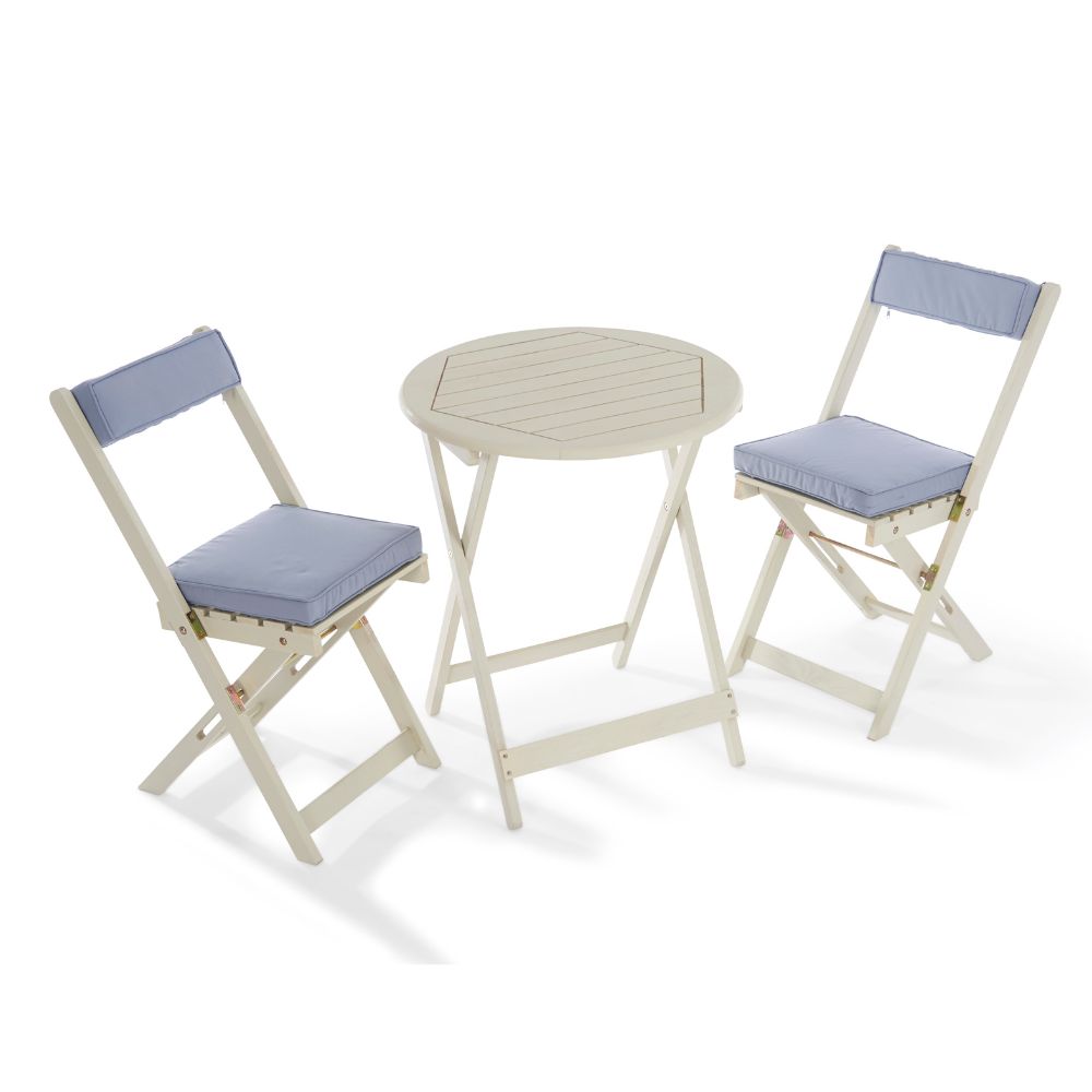 Raffles Foldable Acacia Hardwood Bistro Set with Cushions in Chestnut, White, or Natural Finish